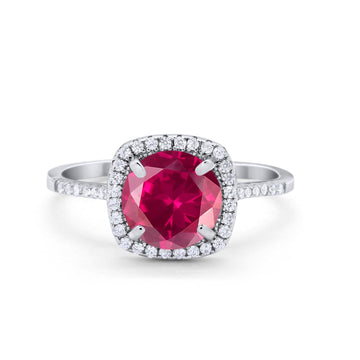 Halo Wedding Engagement Ring Round Simulated Ruby CZ 925 Sterling Silver